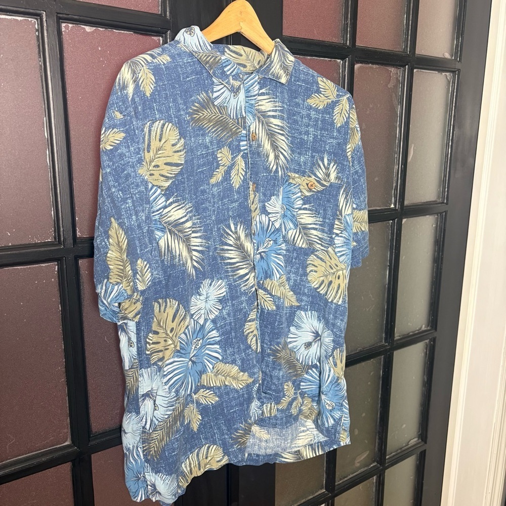 Vintage Y2K Silk Hawaiian Shirt Mens XXL Blue Tropical Aloha Camp Collar